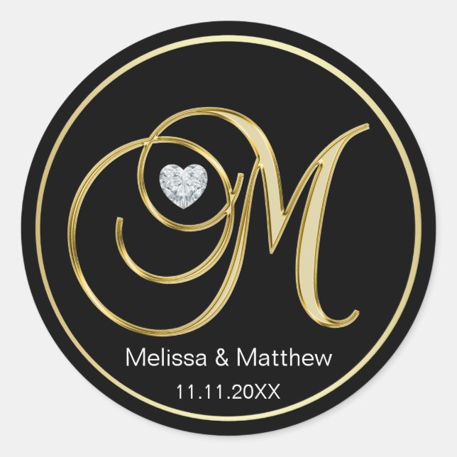 Elegant Black Gold Monogram Letter M Heart Diamond Classic Round Sticker (Front)