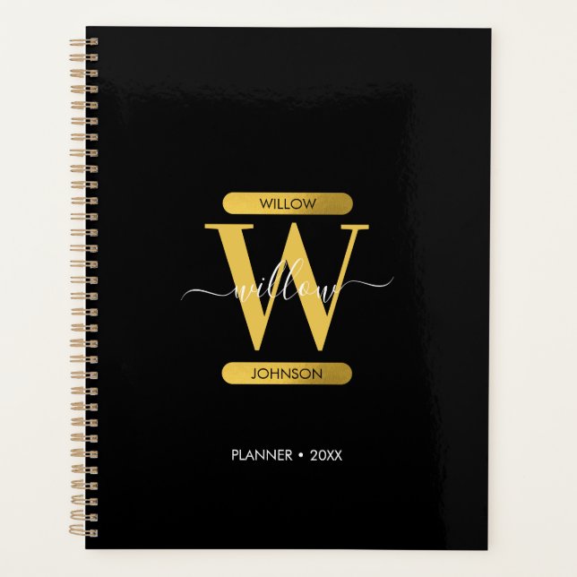 Elegant Black & Gold Monogram Modern  Planner (Front)