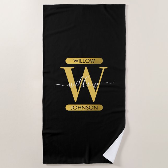 Elegant Black & Gold Monogram Modern Script  Beach Towel (Front)