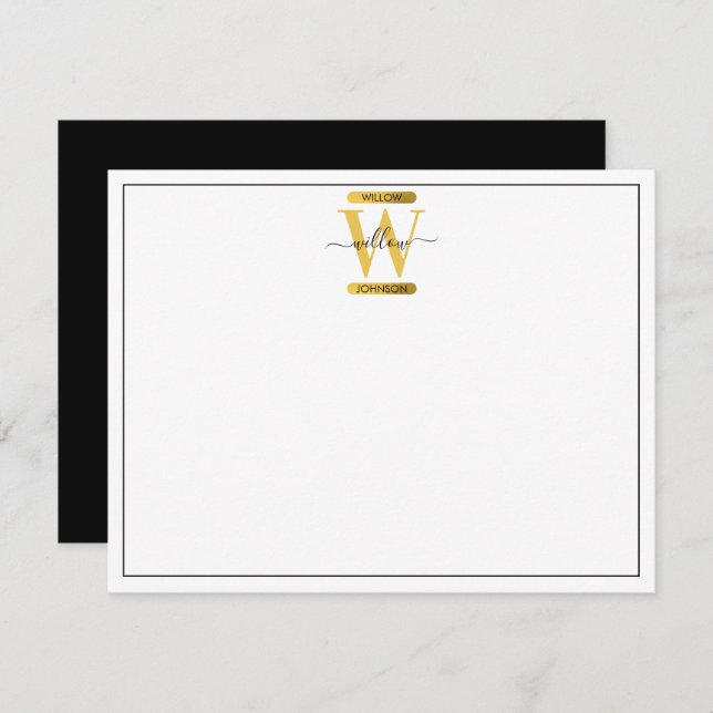 Elegant Black & Gold Monogram Modern Script Card (Front/Back)
