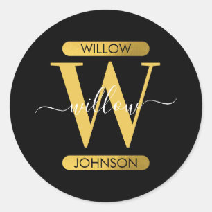 Elegant Black & Gold Monogram Modern Script  Classic Round Sticker