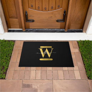 Elegant Black & Gold Monogram Modern Script  Doormat