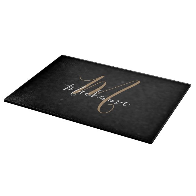 Elegant Black Gold Monogram Modern Script Name Cutting Board (Corner)