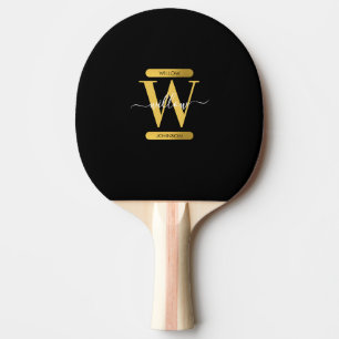 Elegant Black & Gold Monogram Modern Script Ping Pong Paddle