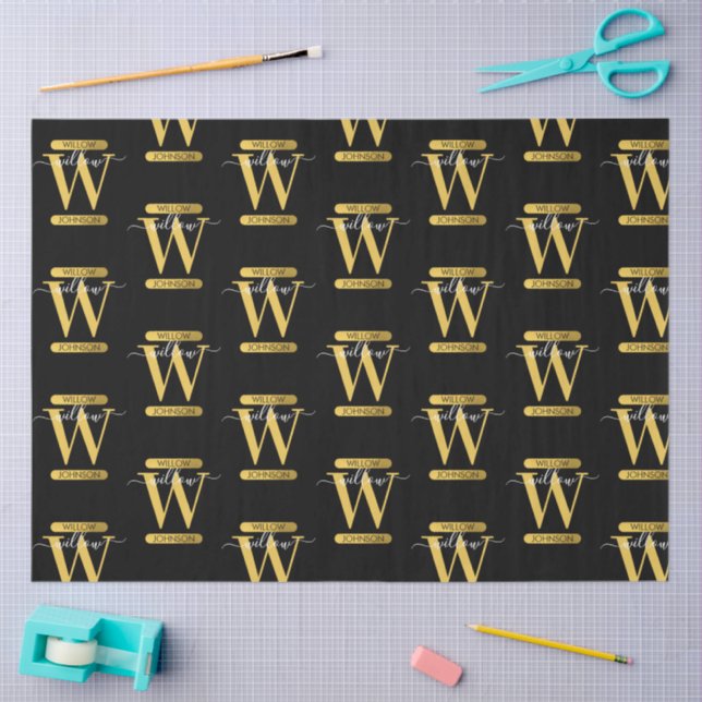 Elegant Black & Gold Monogram Modern Script Tissue Paper (Craft)