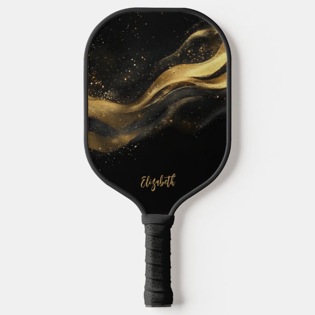 Elegant Black Gold Monogram Name Pickleball Paddle (Front)
