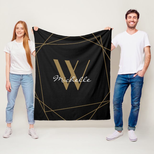 Elegant Black Gold Monogram Name Script Geometric Fleece Blanket (In Situ)