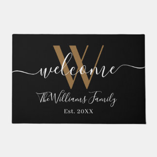 Elegant Black Gold Monogram Name Script Newlyweds Doormat