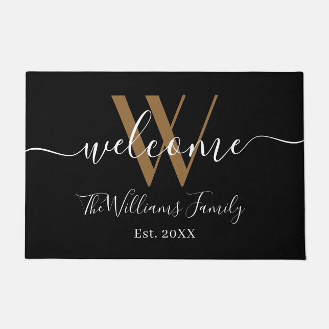 Elegant Black Gold Monogram Name Script Newlyweds Doormat (Front)