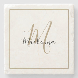 Elegant Black Gold Monogram Name Stylish Script Stone Coaster
