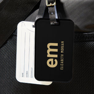 Elegant Black Gold Monogram Name Travel Luggage Tag