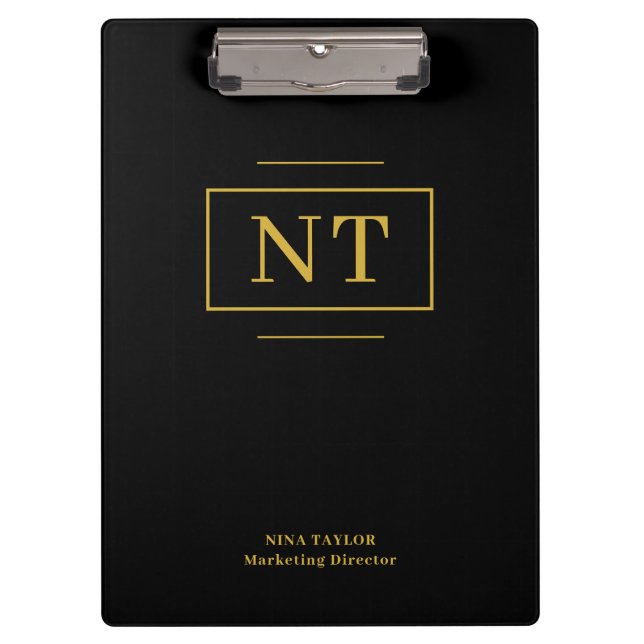 Elegant Black Gold Monogram Office Accessory Clipboard (Front)