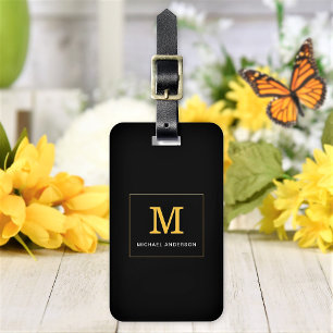 Elegant Black Gold Monogram Personalised Luggage Tag