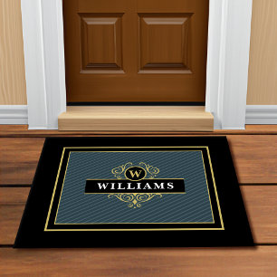 Elegant Black Gold Monogram Pinstripe Doormat
