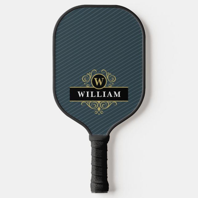 Elegant Black Gold Monogram Pinstripe Pickleball Paddle (Front)