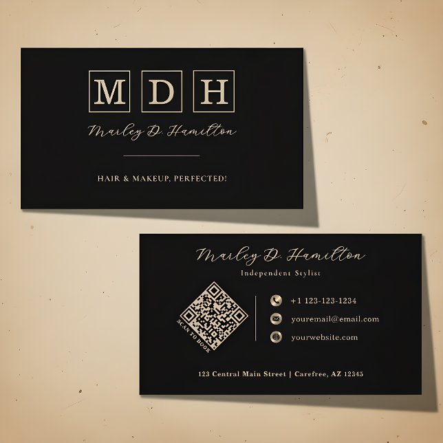 Elegant Black Gold Monogram QR Code Business Card (Creator Uploaded)