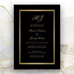 Elegant Black Gold Monogram Rehearsal Dinner Invitation