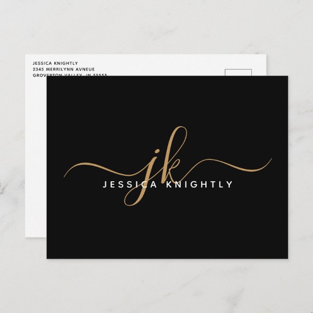 Elegant Black Gold Monogram Script Initials Postcard (Front/Back)