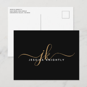 Elegant Black Gold Monogram Script Initials Postcard