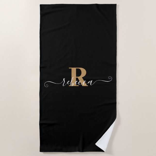 Elegant Black Gold Monogram Script Name Beach Towel (Front)