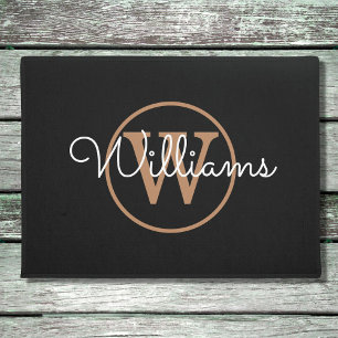 Elegant Black Gold Monogram Script Name Doormat