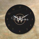 Elegant Black Gold Monogram Script Name Large Clock<br><div class="desc">Classic black and gold monogram wall clock. You can personalise the name,  monogram and customise the font and colours to create your own unique design. Designed by Thisisnotme©</div>