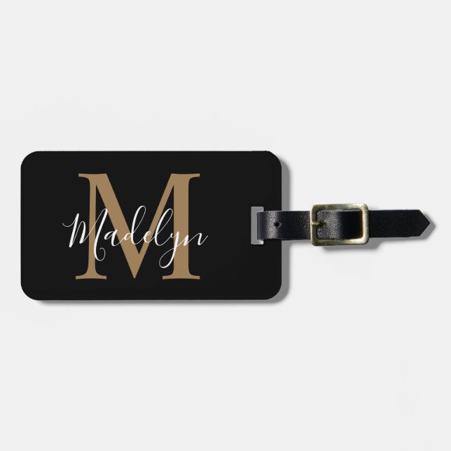 Elegant Black & Gold Monogram | Script Name  Luggage Tag (Front Horizontal)