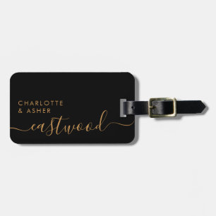 Elegant Black Gold Monogram Script Name  Luggage Tag