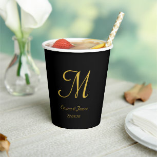 Elegant Black Gold Monogram Script Name  Paper Cups