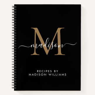 Elegant Black Gold Monogram Script Name Recipe Notebook