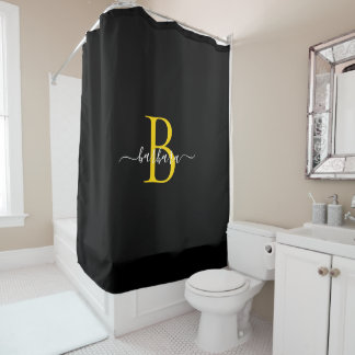 Elegant Black Gold Monogram Script Name Shower Curtain