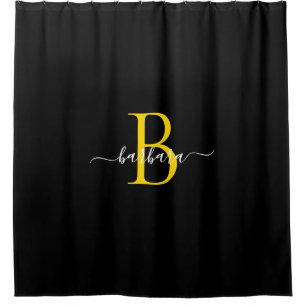 Elegant Black Gold Monogram Script Name Shower Curtain
