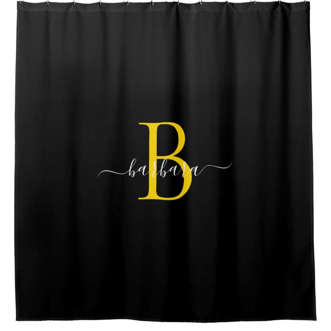 Elegant Black Gold Monogram Script Name Shower Curtain (Front)