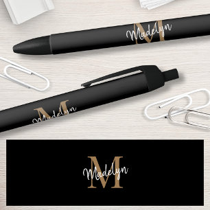 Elegant Black Gold Monogram Script Name Stylish Ink Pen