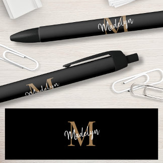 Elegant Black Gold Monogram Script Name Stylish Ink Pen