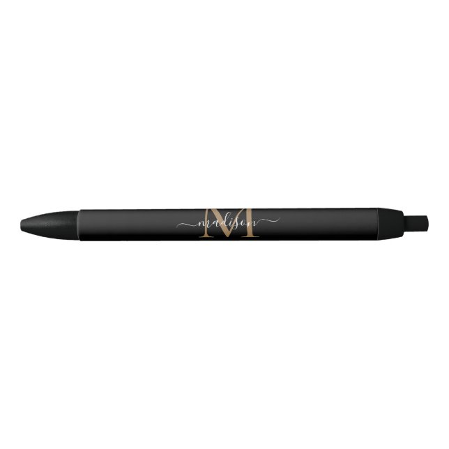 Elegant Black Gold Monogram Script Name Stylish Ink Pen (Front)