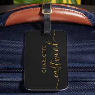 Elegant Black Gold Monogram Script Name Stylish Luggage Tag