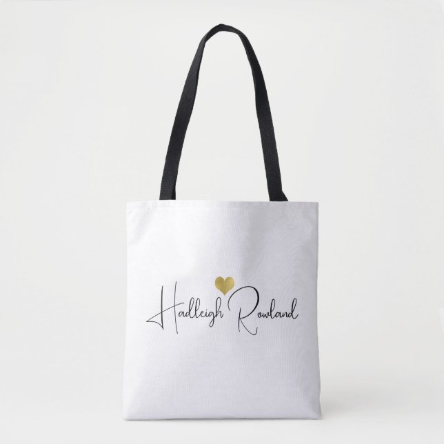Elegant Black Gold Monogram Script Name Stylish Tote Bag (Front)