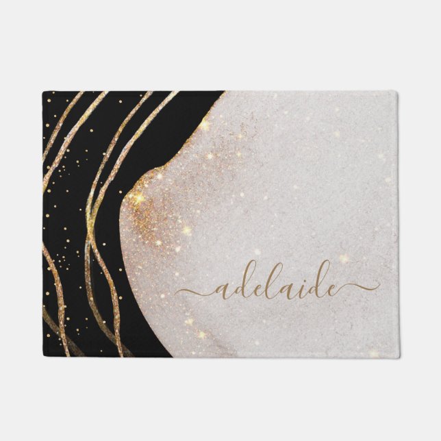 Elegant Black Gold Monogram Script Name Welcome Doormat (Front)