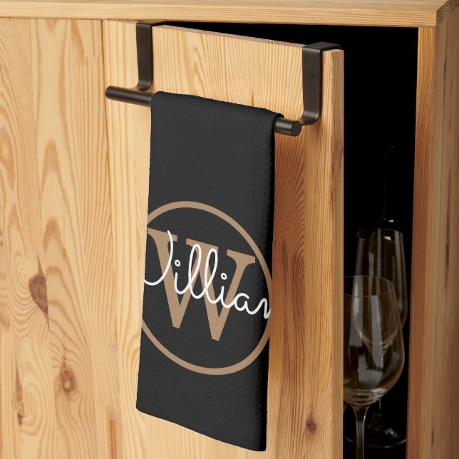 Elegant Black Gold Monogram Script Tea Towel (Thirds Fold)