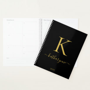 Elegant Black Gold Monogram Script Typography Planner