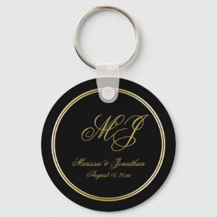 Elegant Black Gold Monogram Script Wedding Key Ring