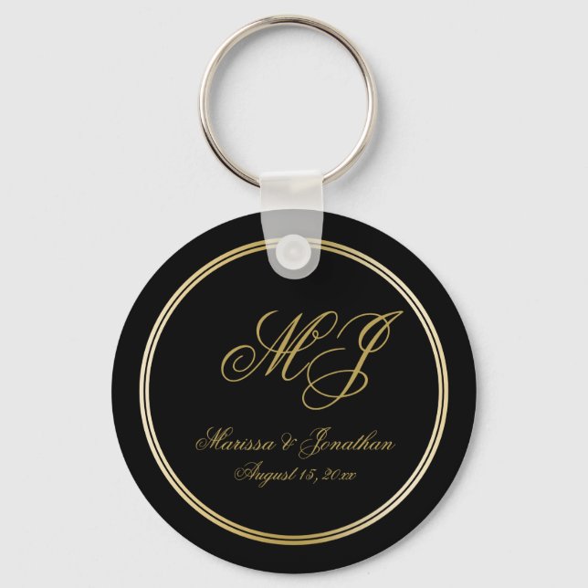 Elegant Black Gold Monogram Script Wedding Key Ring (Front)