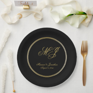 Elegant Black Gold Monogram Script Wedding Paper Plate