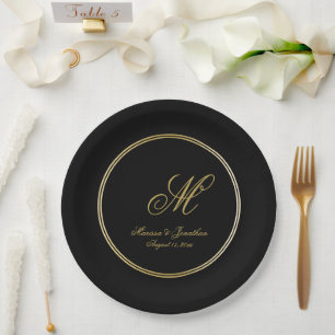 Elegant Black Gold Monogram Script Wedding Paper Plate