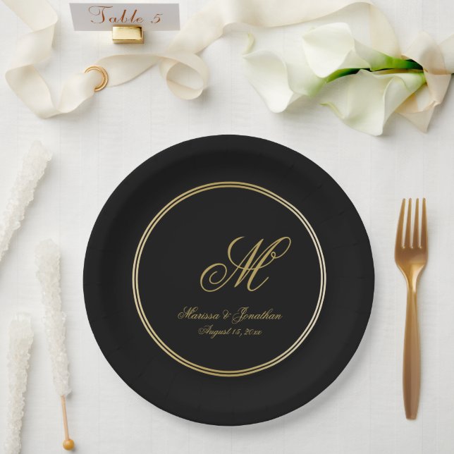 Elegant Black Gold Monogram Script Wedding Paper Plate (Wedding)