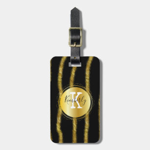 Elegant Black Gold Monogram Stripe Luggage Tag