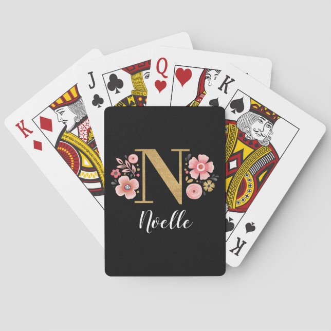 Elegant Black Gold Monogram Stylish Script Playing Cards (Back)