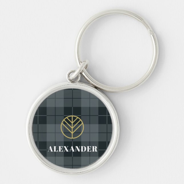 Elegant Black Gold Monogram Tartan Plaid Key Ring (Front)