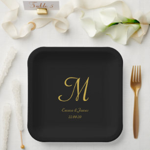 Elegant Black Gold Monogram Wedding Any Party Paper Plate